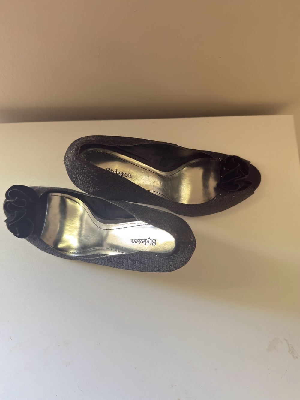 Style & Co. Black Glitter Peep-Toe Wedges with Rosette